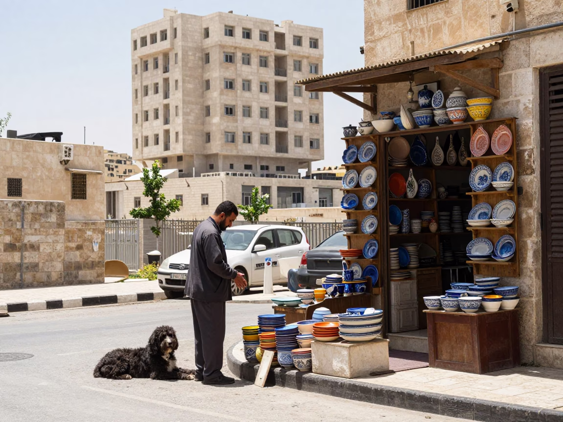 Amman Jordan Midday Street Scene with Local Shopkeeper and Traditional Elements in in Amman, Jordan