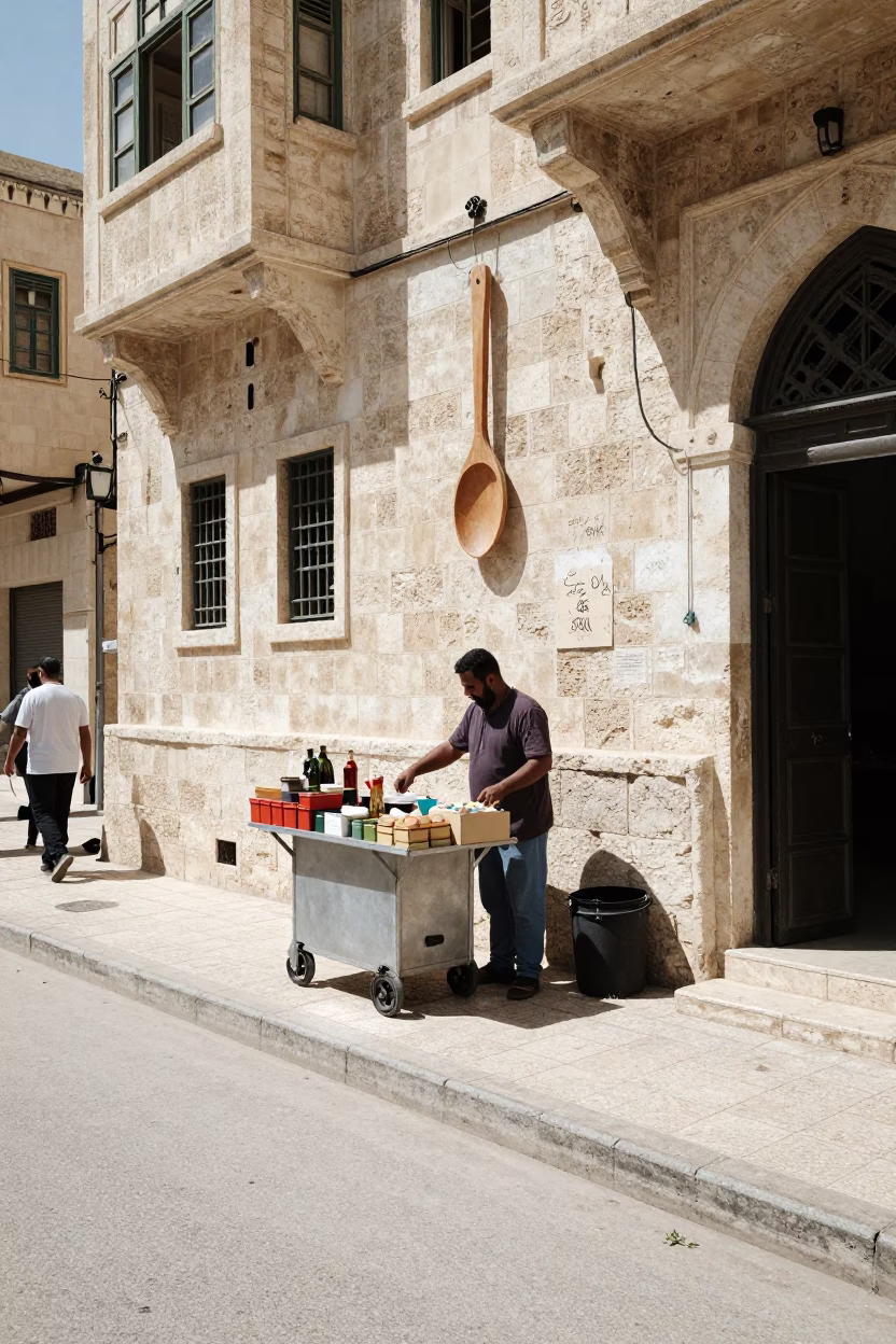 Amman Jordan Midday Street Scene with Olive Wood Spoon and Porcelain Jar in in Amman, Jordan