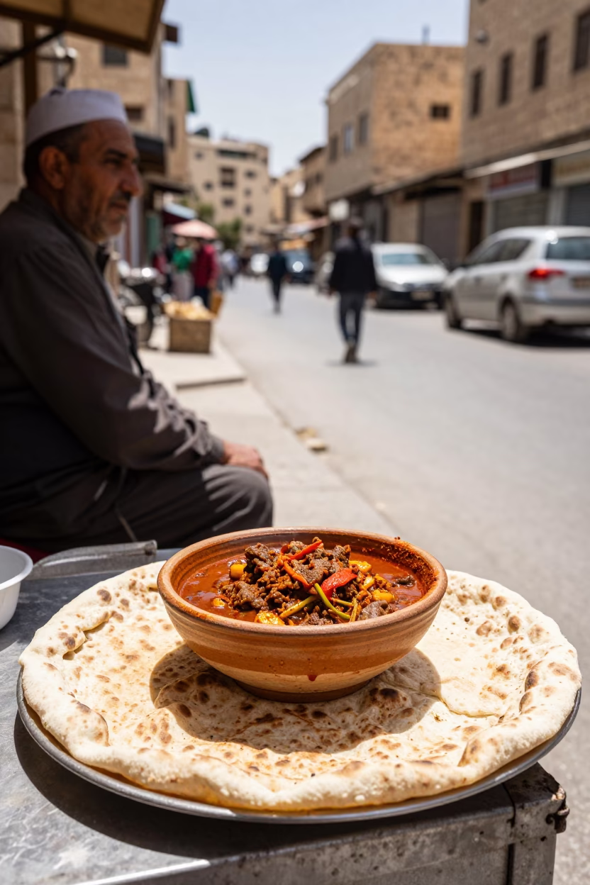 Amman Jordan Midday Street Scene with Traditional Doro Wat and Injera Lunch Break in in Amman, Jordan