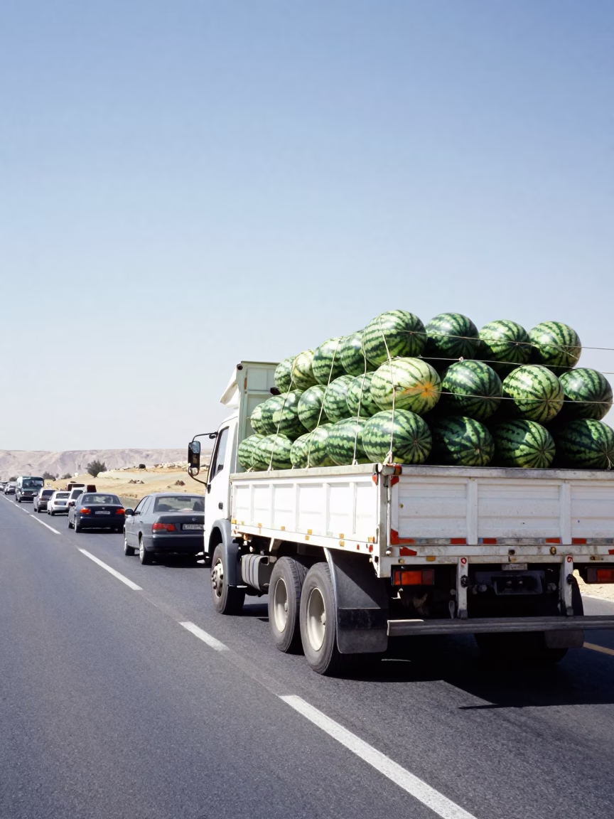 Amman Jordan Midday Traffic Highway Watermelon Truck Landscape Horizon Shot in in Amman, Jordan