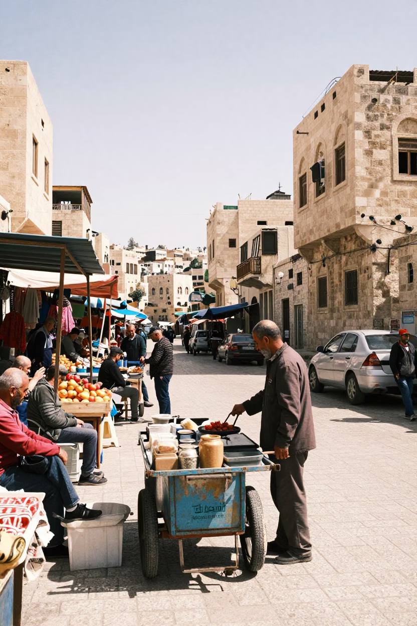 Amman Jordan Midmorning Street Scene with Local Market Activity and Traditional Architecture in in Amman, Jordan
