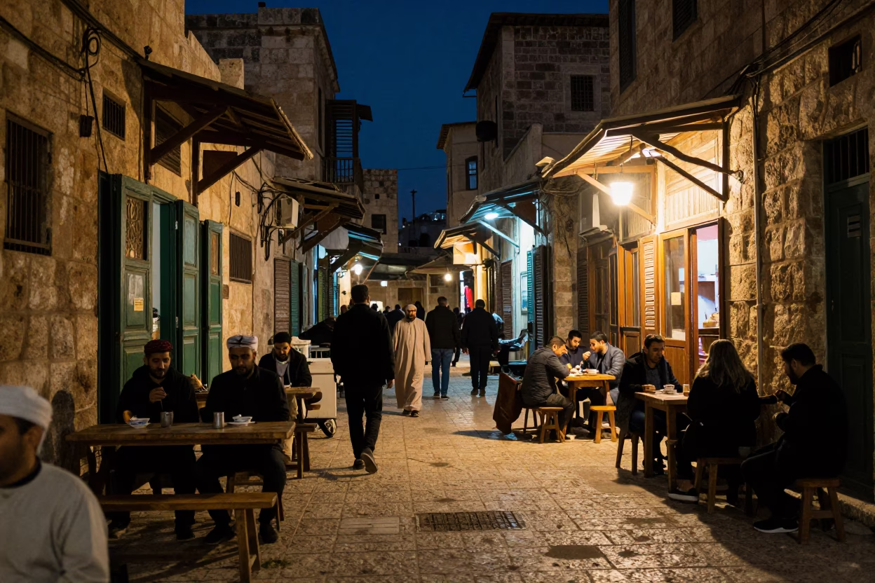 Amman Jordan Midnight Street Scene with Tea Stains and Local Interaction in in Amman, Jordan
