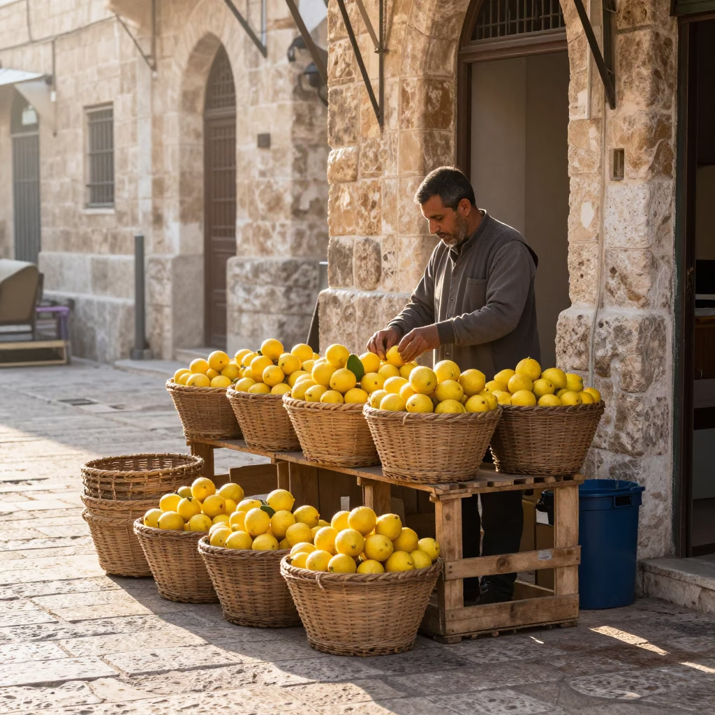 Amman Jordan Morning Market Stall with Woven Baskets and Fresh Lemons in in Amman, Jordan