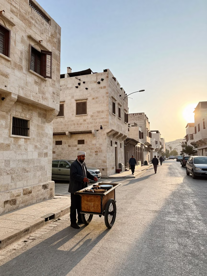 Amman Jordan Morning Street Scene with Local Vendor and Morning Light in in Amman, Jordan