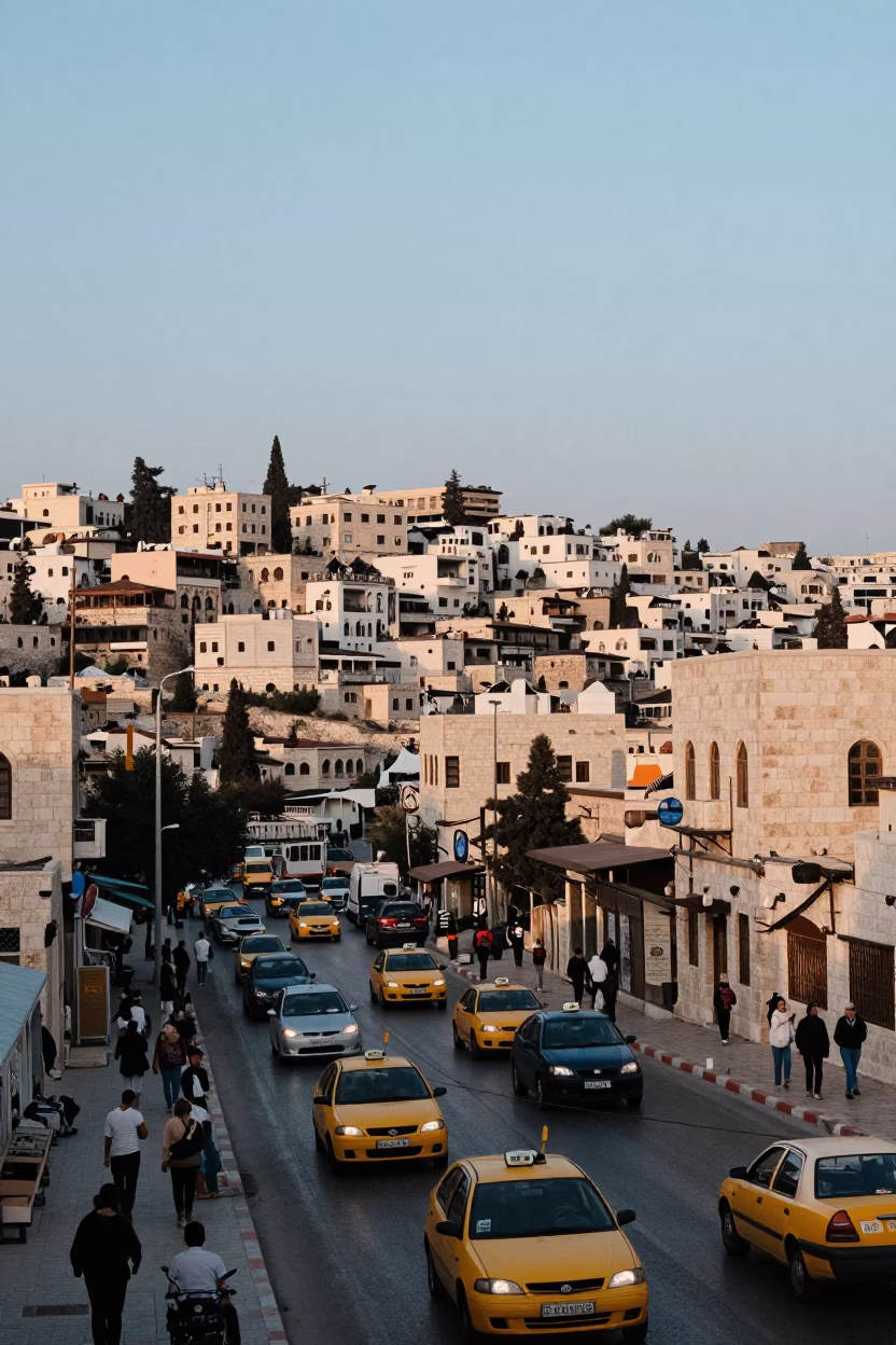 Amman Jordan Nautical Dawn Street Scene with Colorful Traffic and Traditional Architecture in in Amman, Jordan