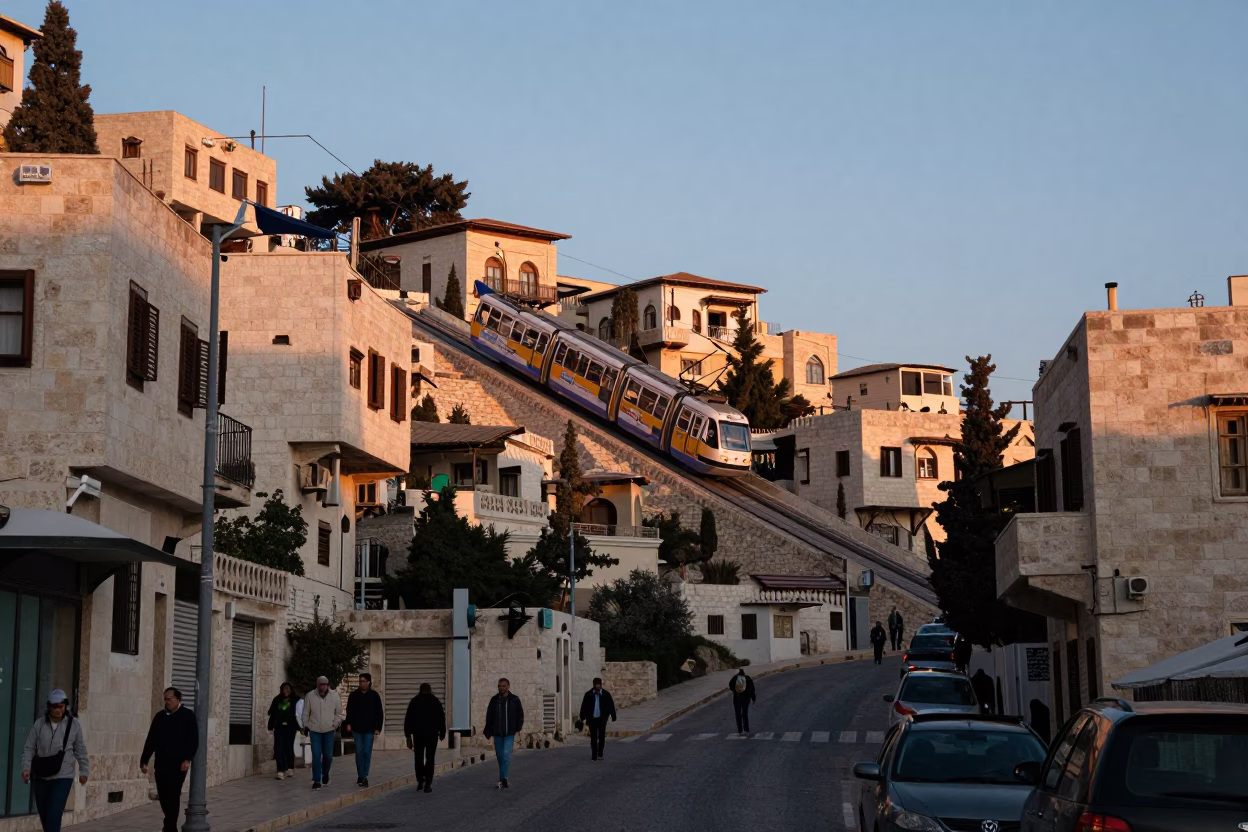 Amman Jordan Nautical Dawn Street Scene with Funicular and Local Commerce in in Amman, Jordan