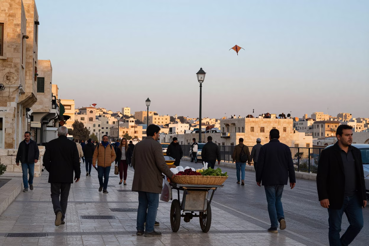 Amman Jordan Nautical Dawn Street Scene with Kites and Urban Life in in Amman, Jordan