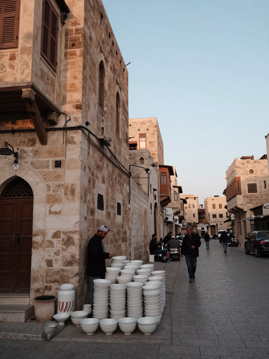 Amman Jordan Nautical Dawn Street Scene with Traditional Ceramic Bowl and Lived-In Details in in Amman, Jordan