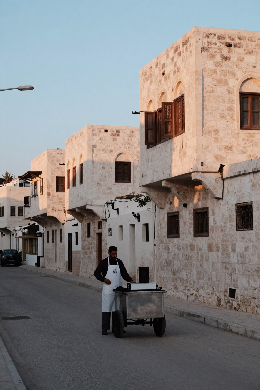 Amman Jordan Nautical Dawn Street Scene with White Aprons and Local Commerce in in Amman, Jordan