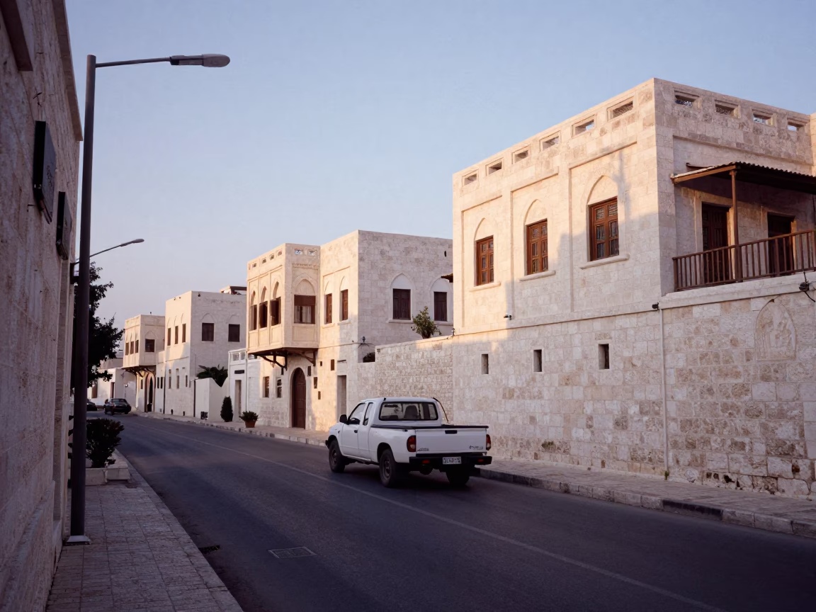 Amman Jordan Nautical Dawn Street Scene with White Stone Architecture and Morning Traffic in in Amman, Jordan