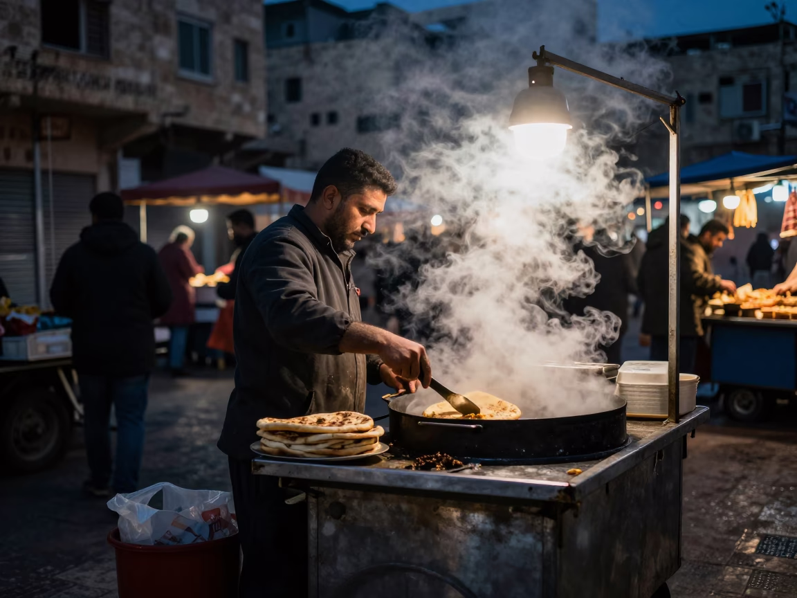 Amman Jordan Night Market Street Food Vendor Cooking with Steam Haze in Predawn Darkness in in Amman, Jordan