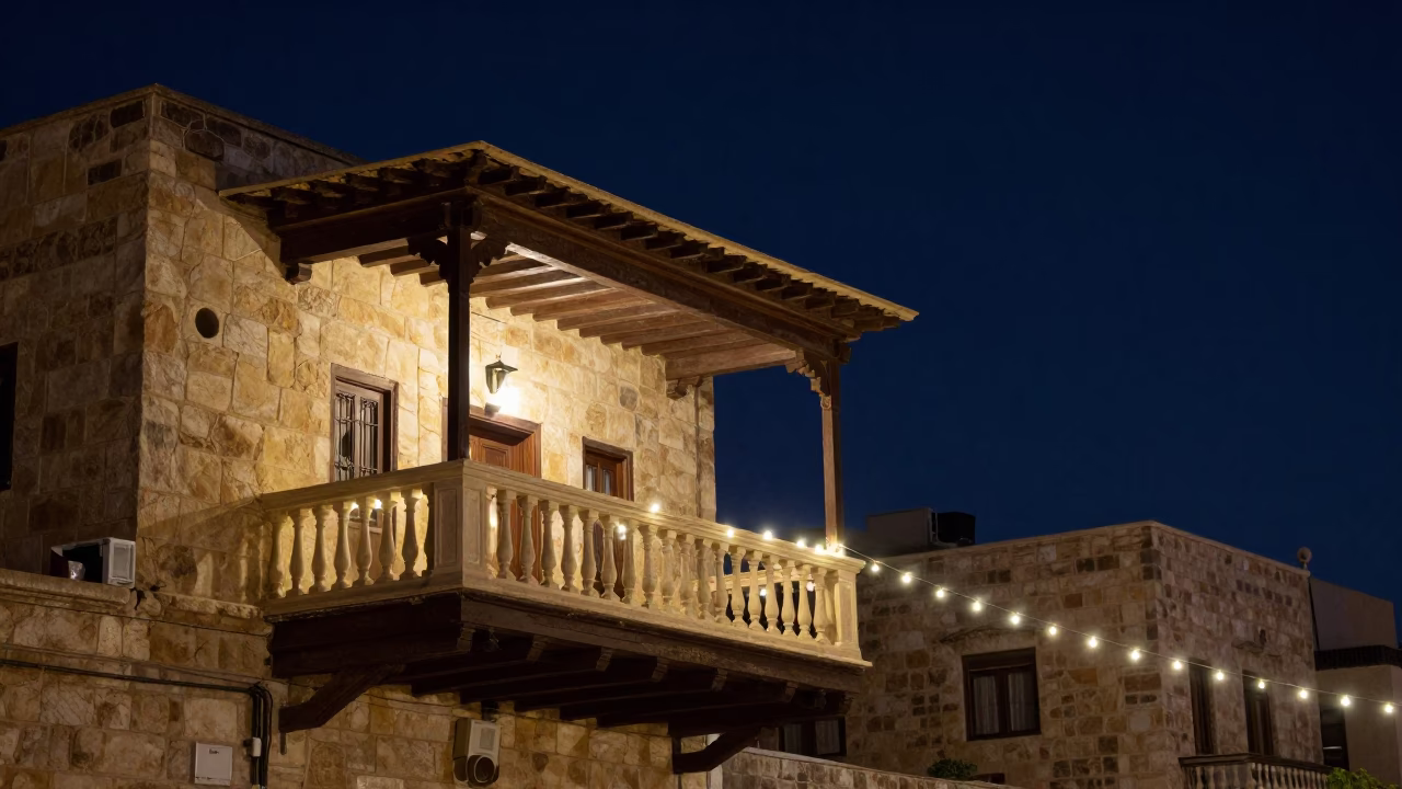 Amman Jordan Night Sky Over Traditional Balcony With String Lights And Window Box in in Amman, Jordan