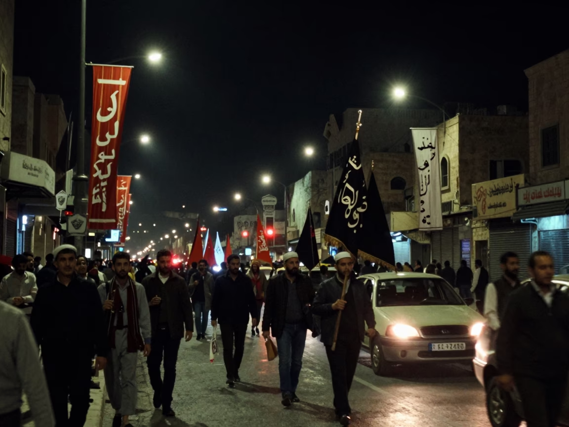 Amman Jordan Night Street Scene with Banners and Car Headlight Trails in in Amman, Jordan