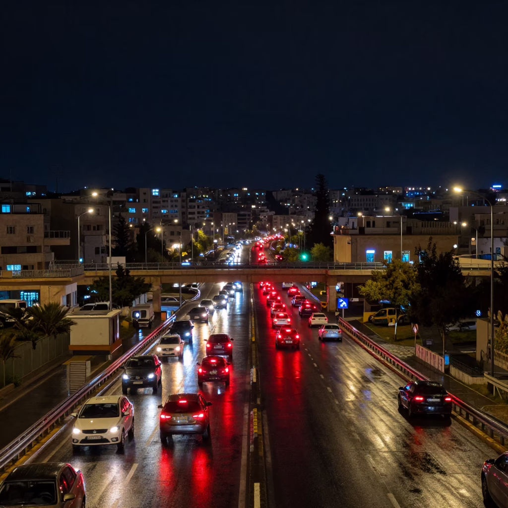 Amman Jordan night street scene with glowing overpass interchange taillights after rain in in Amman, Jordan