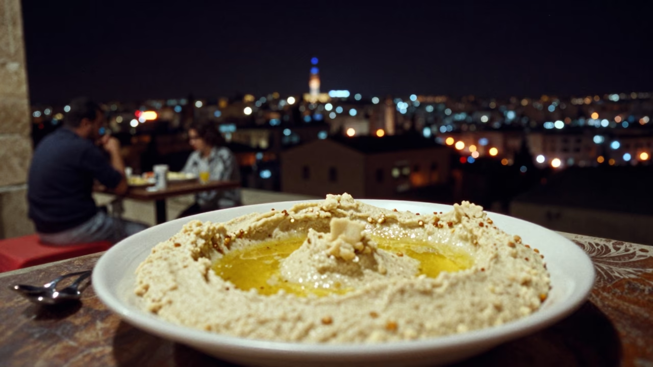 Amman Jordan Night Street Scene with Mezze Platter and Urban Lights in in Amman, Jordan