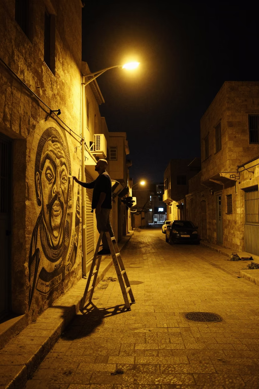 Amman Jordan Night Street Scene with Mural Painting and Urban Activity in in Amman, Jordan