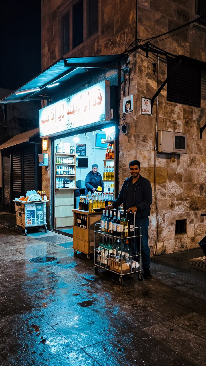 Amman Jordan Night Street Scene with Neon Lights and Local Shop Display in in Amman, Jordan