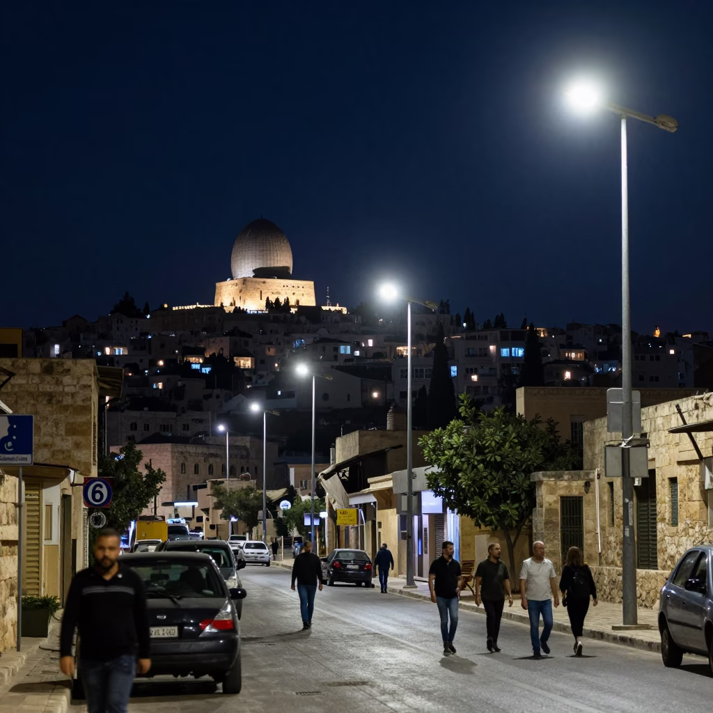 Amman Jordan Night Street Scene with Stone Observatory and Local Life in in Amman, Jordan
