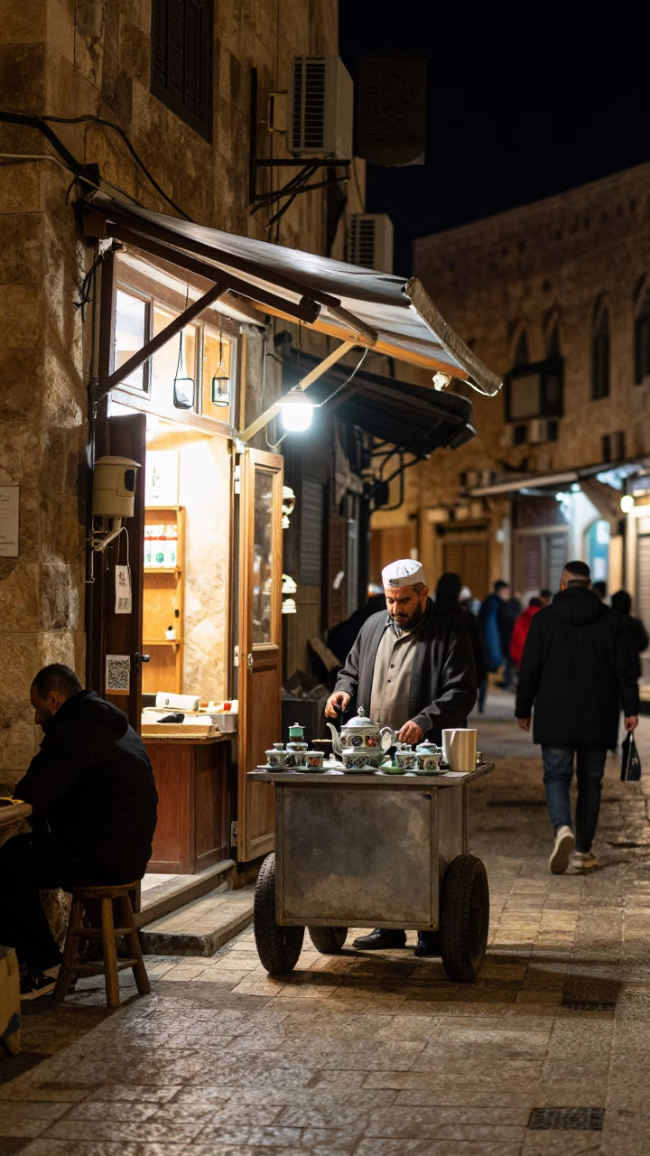 Amman Jordan Night Street Scene with Traditional Tea Service and Local Activity in in Amman, Jordan