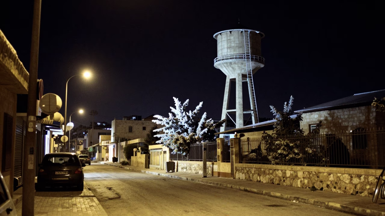 Amman Jordan Night Street Scene with Water Tower and Local Vendor Under Deep Sky in in Amman, Jordan