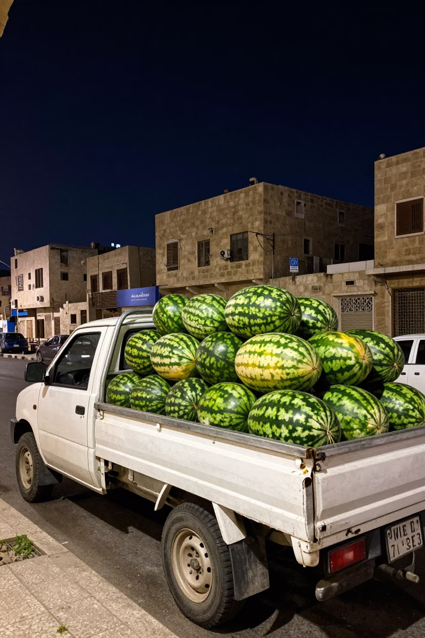 Amman Jordan Night Street Scene with White Watermelon Truck Under Deep Sky in in Amman, Jordan