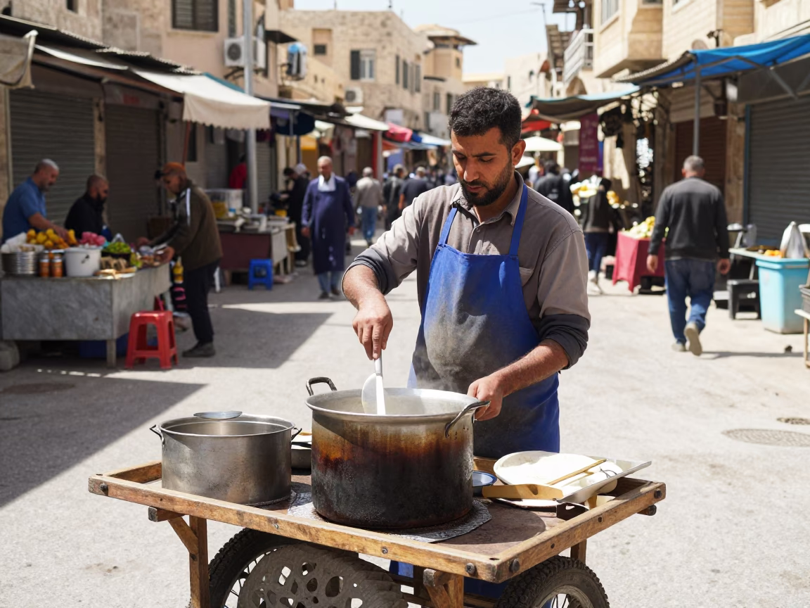 Amman Jordan Noon Bustling Street Vendor with Aprons and Mixing Spoon in in Amman, Jordan