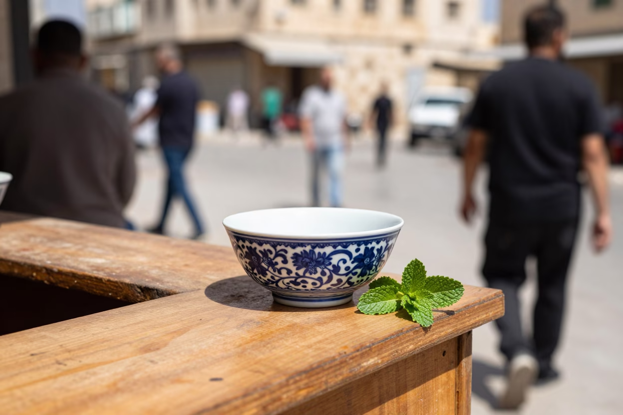 Amman Jordan Noon Light Street Scene with Blue Porcelain Bowl and Mint Leaves in in Amman, Jordan