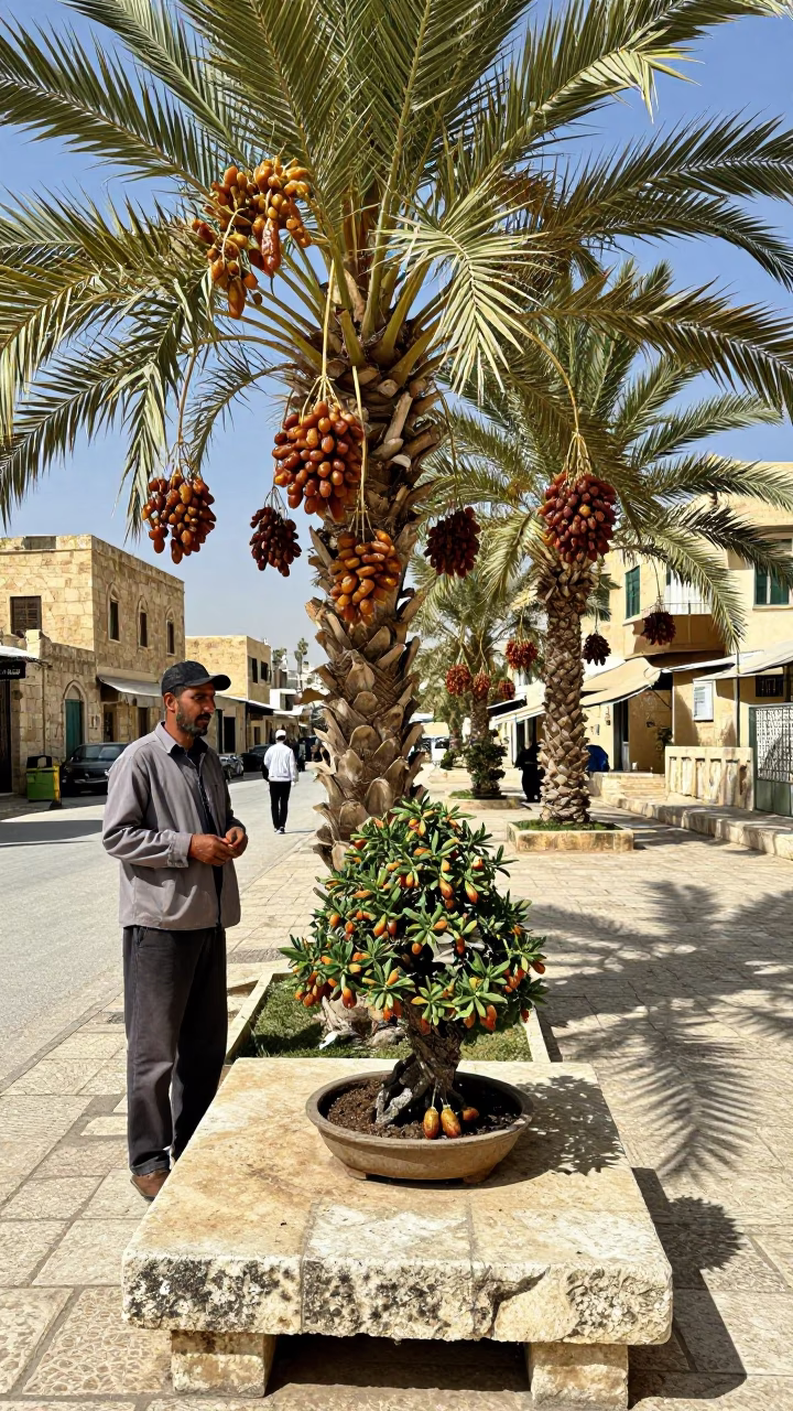 Amman Jordan Noon Street Scene Date Palm Clusters Stone Slab Fruit Knife in in Amman, Jordan