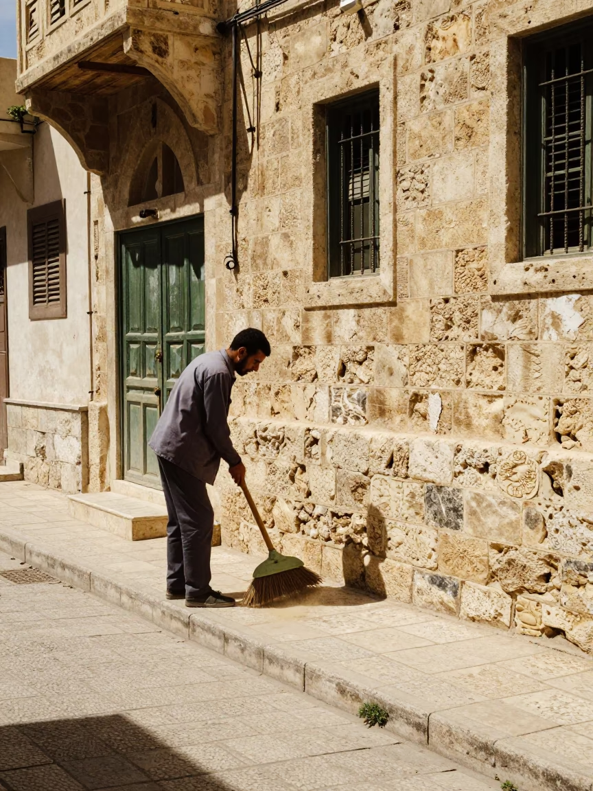 Amman Jordan Noon Street Scene with Broom and Stone Architecture in in Amman, Jordan
