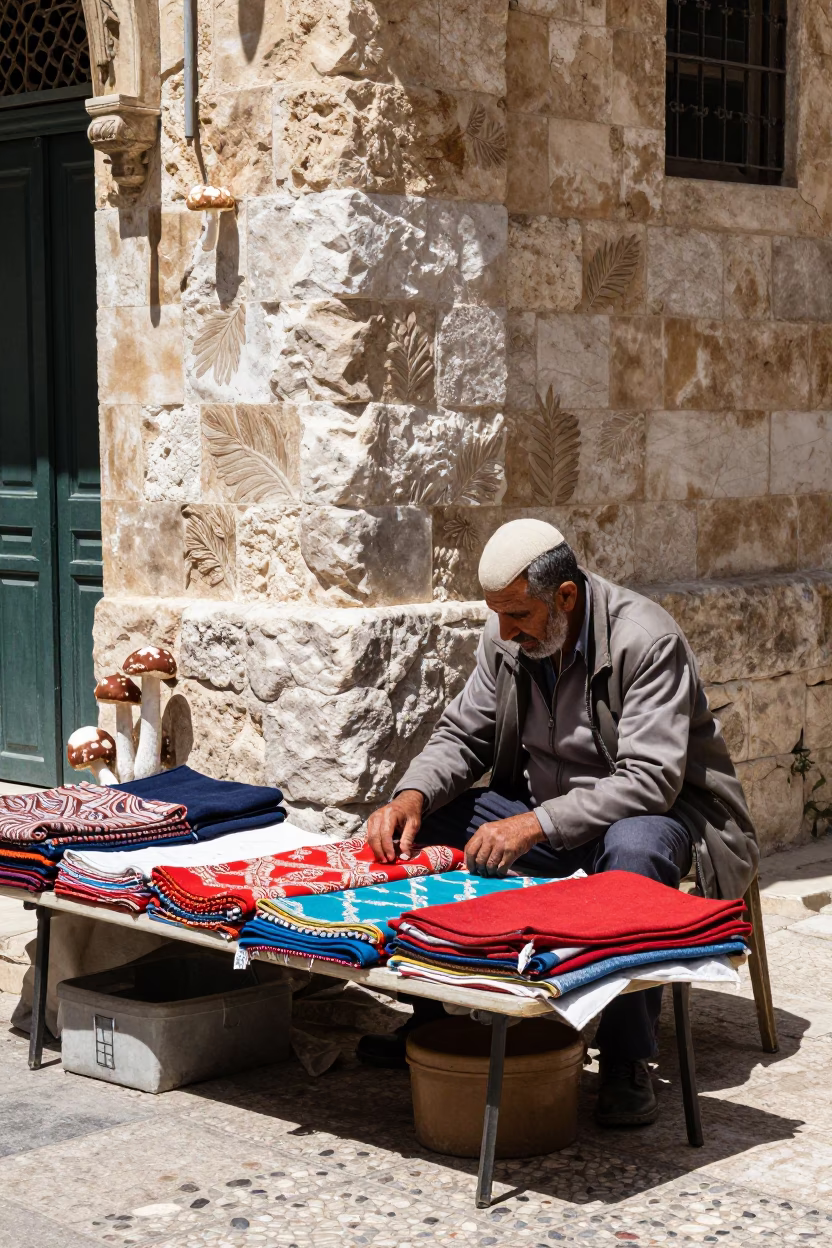 Amman Jordan Noon Street Scene with Darning Mushroom and Steel Stool in in Amman, Jordan