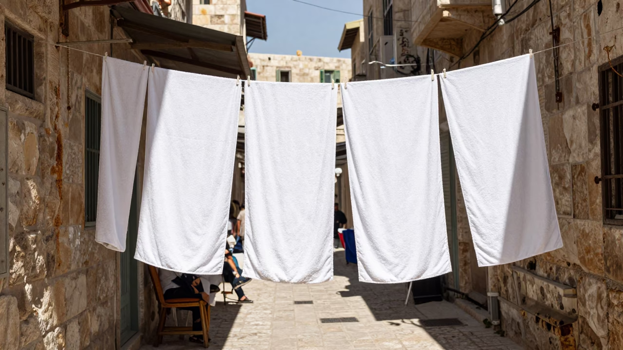 Amman Jordan Noon Street Scene with Drying Towels and Local Life in in Amman, Jordan