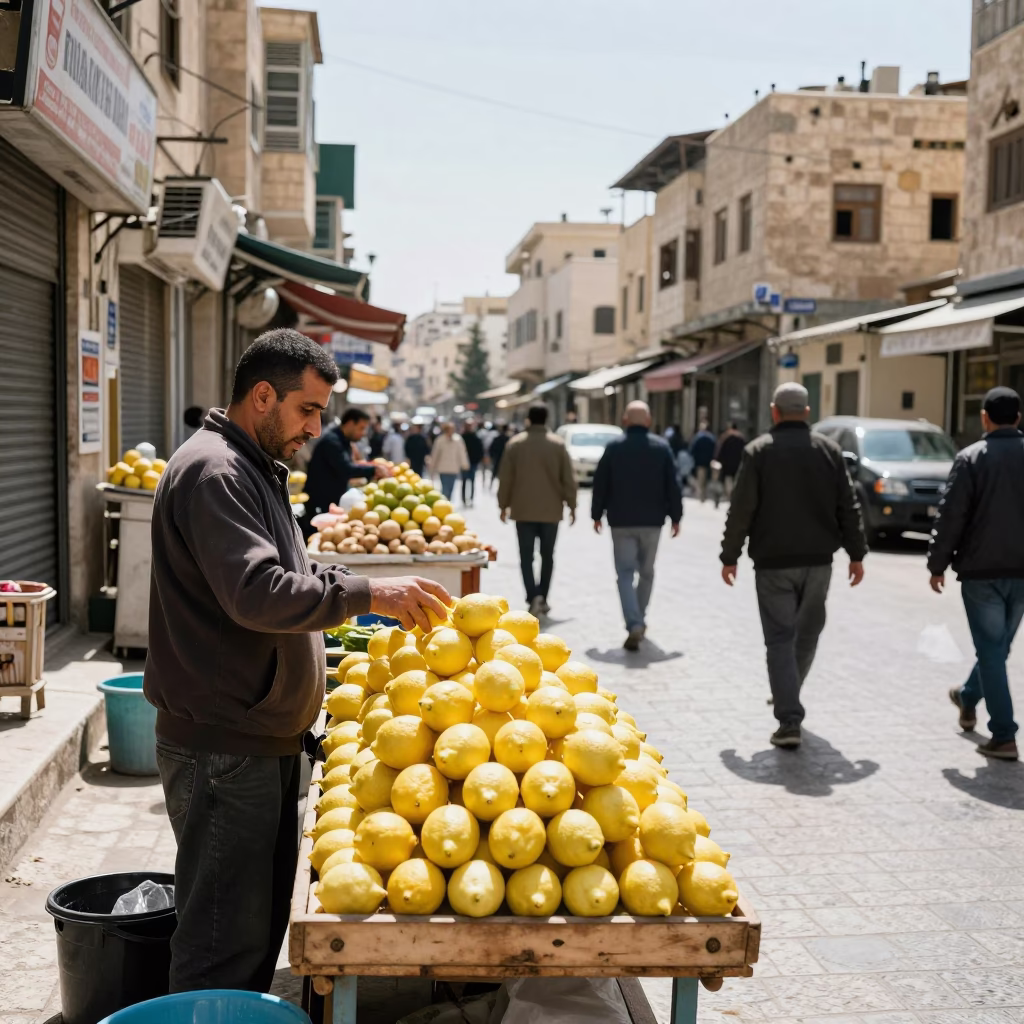 Amman Jordan Noon Street Scene with Lemons and Daily Commerce in in Amman, Jordan