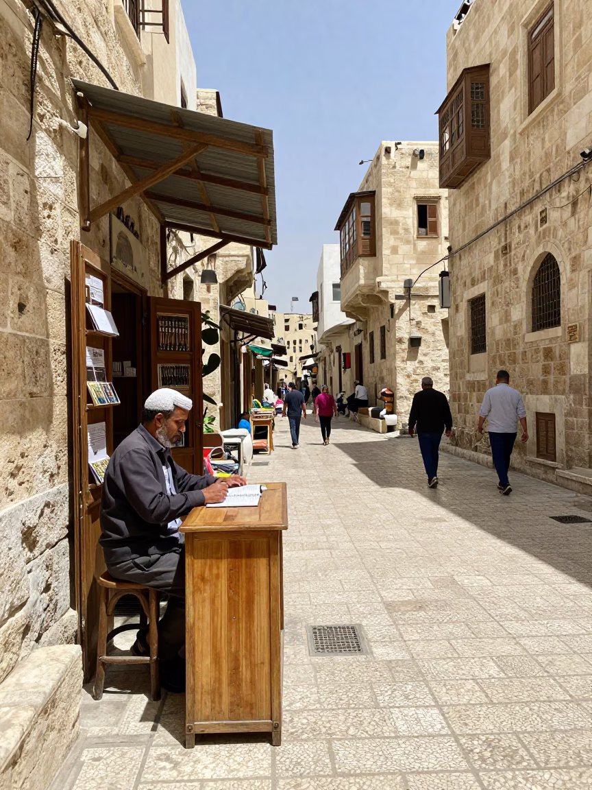Amman Jordan Noon Street Scene with Local Shopkeeper and Notebook in in Amman, Jordan