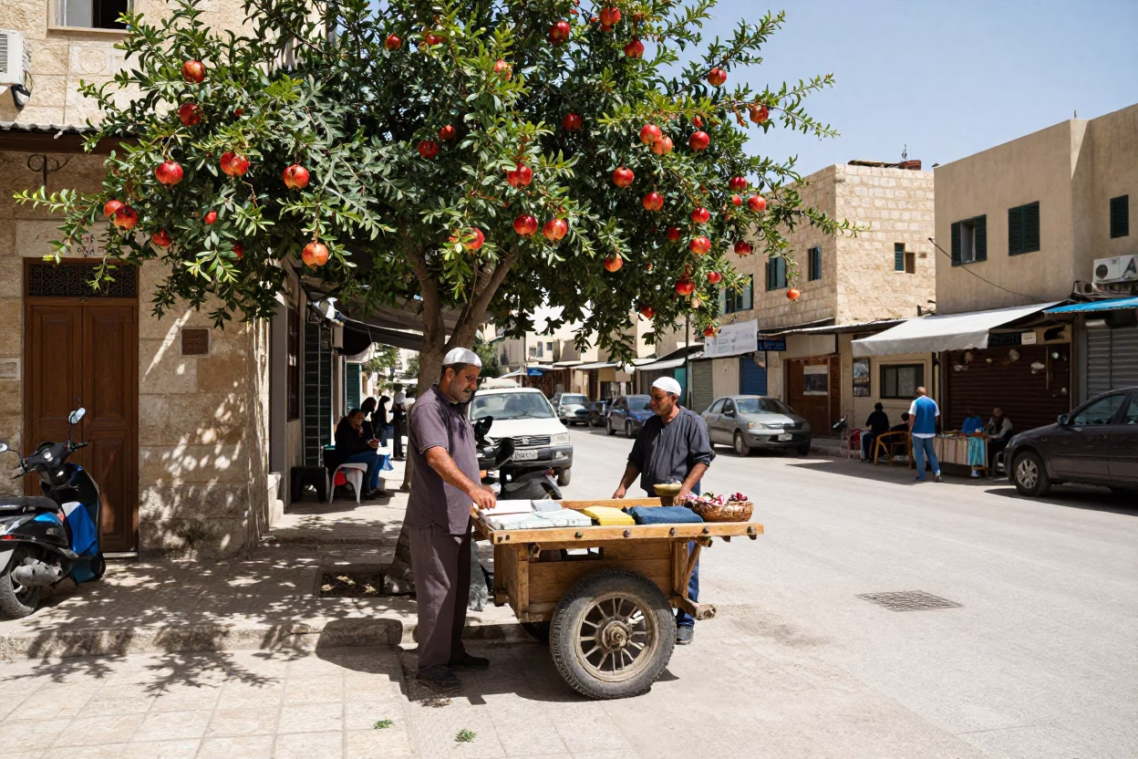 Amman Jordan Noon Street Scene with Pomegranate Tree and Local Vendor in in Amman, Jordan