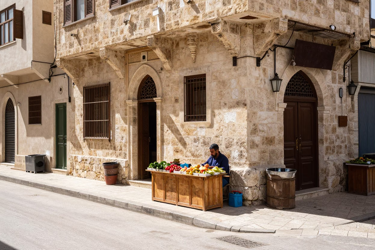 Amman Jordan Noon Street Scene with Stone Architecture and Local Commerce in in Amman, Jordan