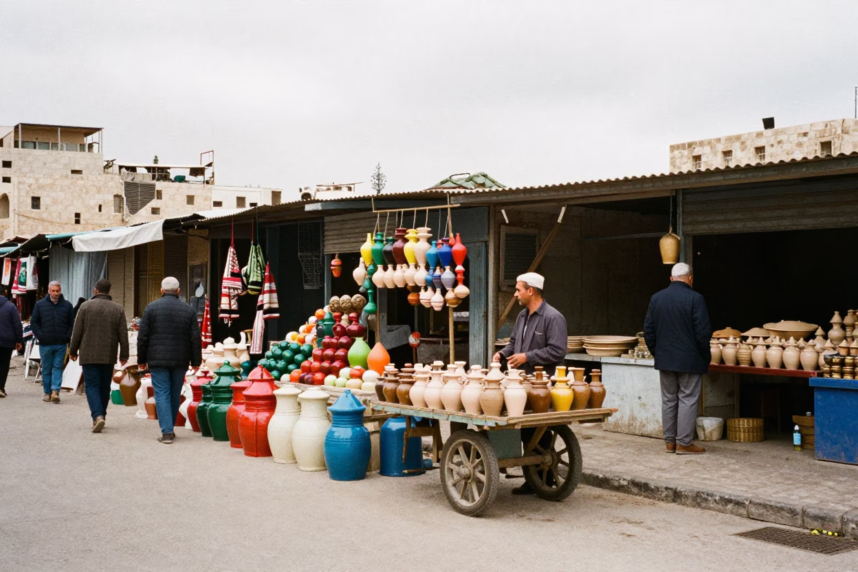 Amman Jordan Overcast Midday Street Scene with Colorful Market Goods in in Amman, Jordan