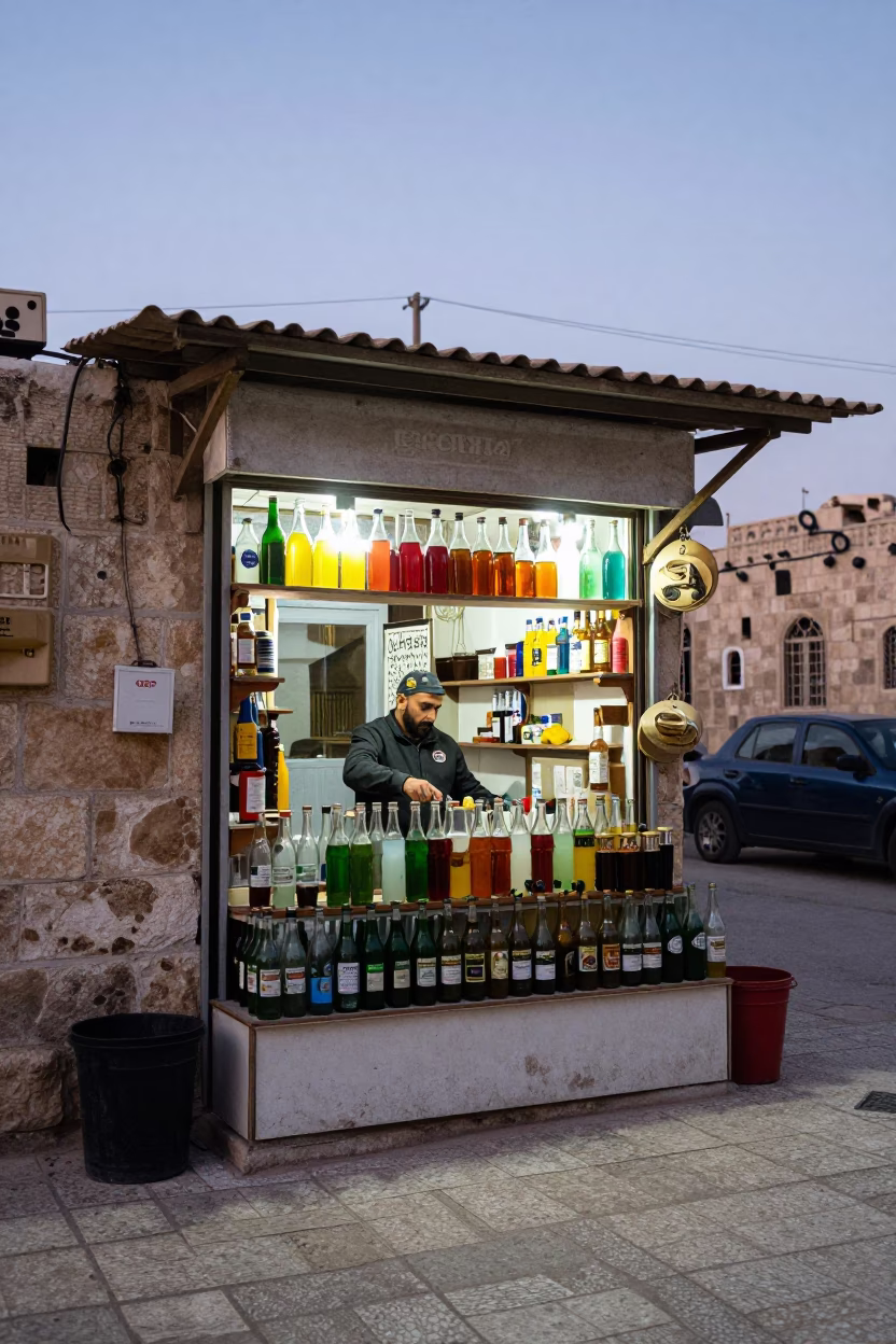 Amman Jordan Pre-Dawn Street Scene with Glass Bottles and Local Shopkeeper in in Amman, Jordan