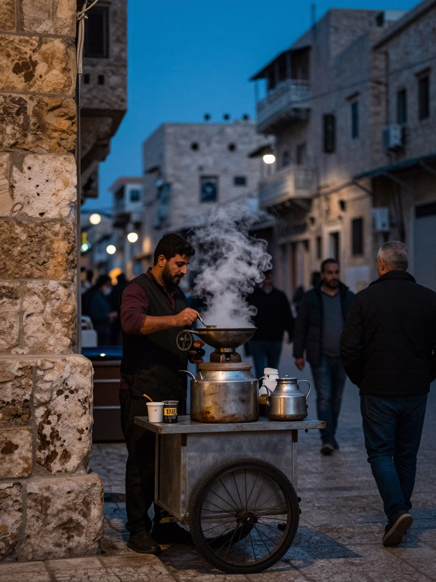 Amman Jordan Predawn Street Life with Coffee Vendor and Stone Architecture in in Amman, Jordan