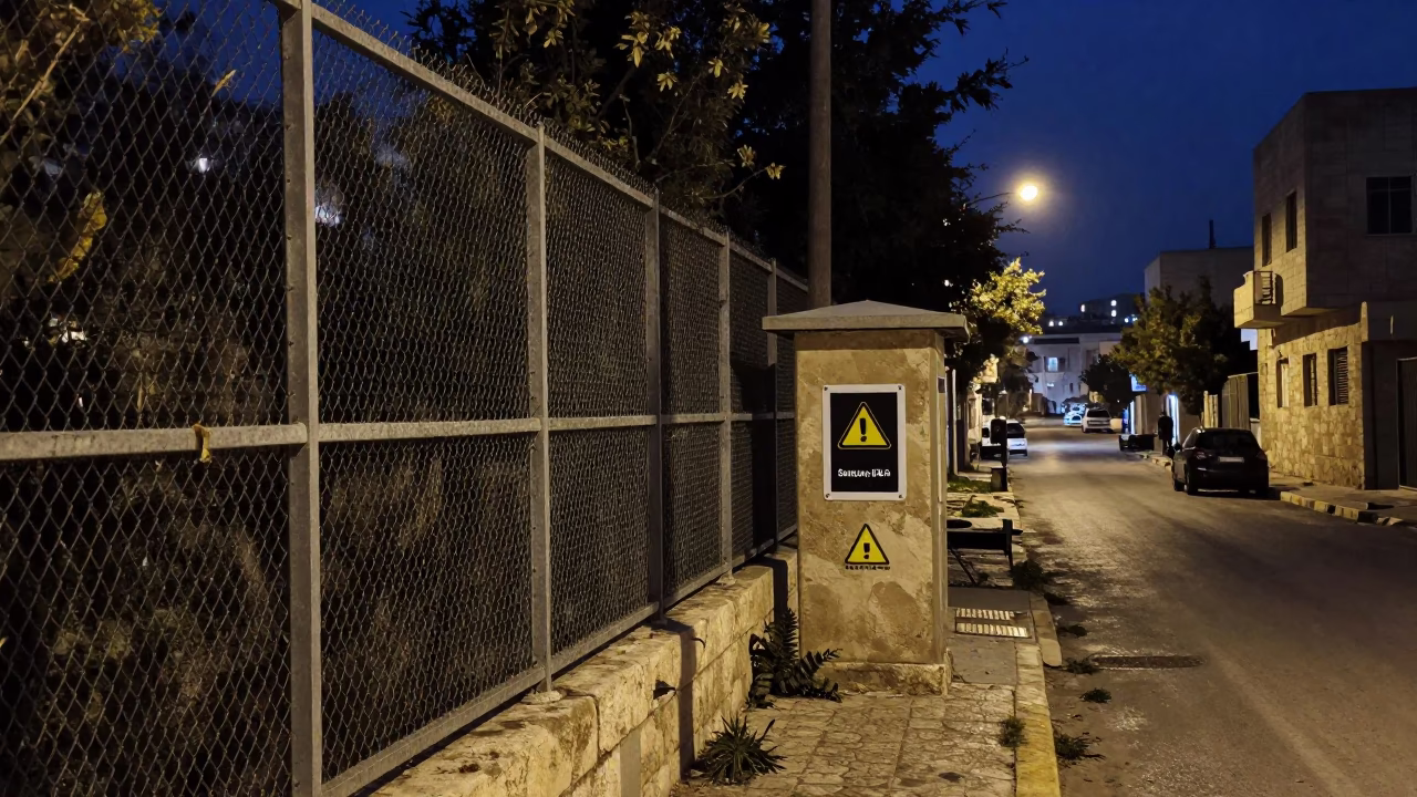 Amman Jordan Predawn Street Scene Substation Fence Dew and Warning Signs in Darkness in in Amman, Jordan