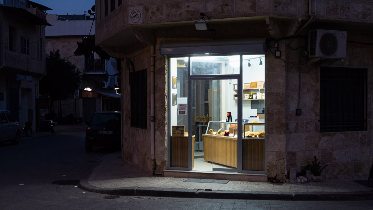 Amman Jordan Predawn Street Scene with Clear Glass Doorframe and Urban Life in in Amman, Jordan