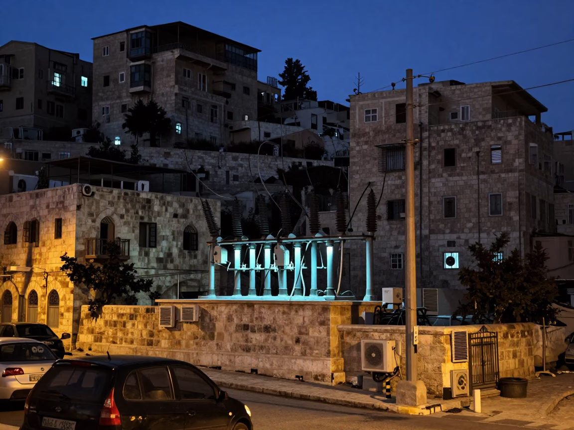 Amman Jordan Predawn Street Scene with Glowing Substation and Ramen Vendor in in Amman, Jordan