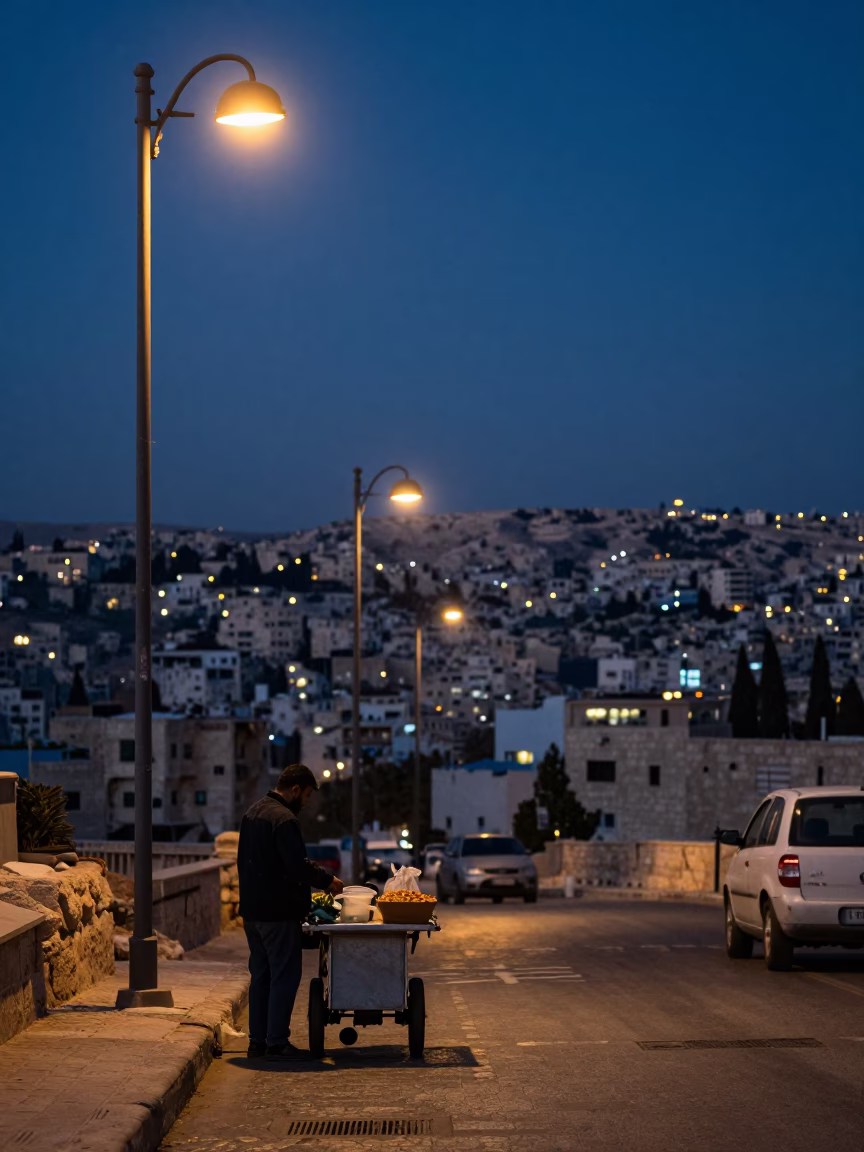 Amman Jordan Predawn Street Scene With Lantern Glow And City Skyline in in Amman, Jordan