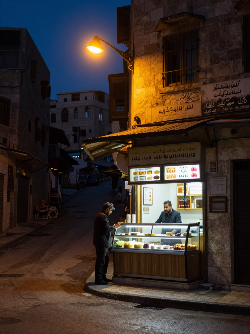 Amman Jordan Predawn Street Scene with Local Bakery Vendor and Early Morning Activity in in Amman, Jordan