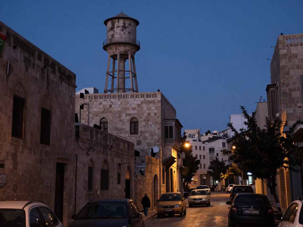 Amman Jordan Predawn Street Scene with Water Tower and Tea Tray in in Amman, Jordan