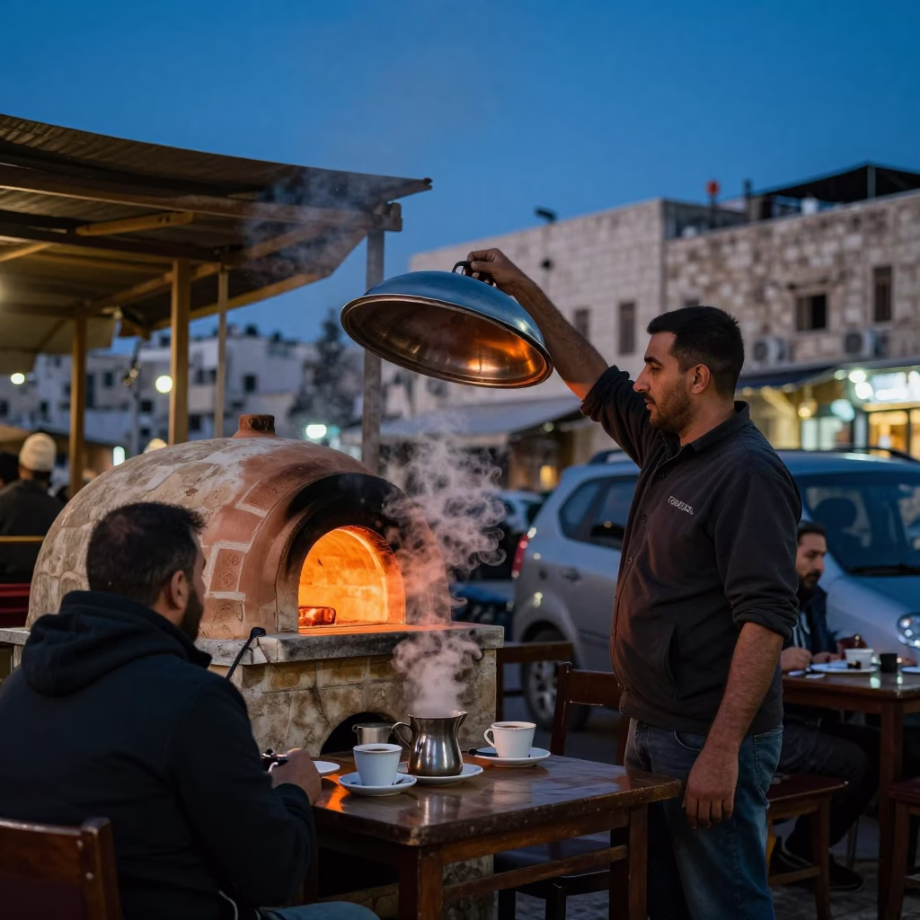 Amman Jordan Street Cafe Evening with Steam Rising from Coffee and Traditional Clay Oven in in Amman, Jordan