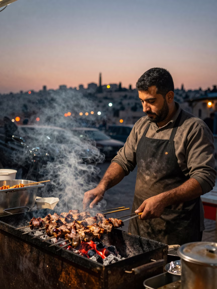 Amman Jordan Street Food Vendor Grilling Kebab in Copper Dusk Light Before Nightfall in in Amman, Jordan