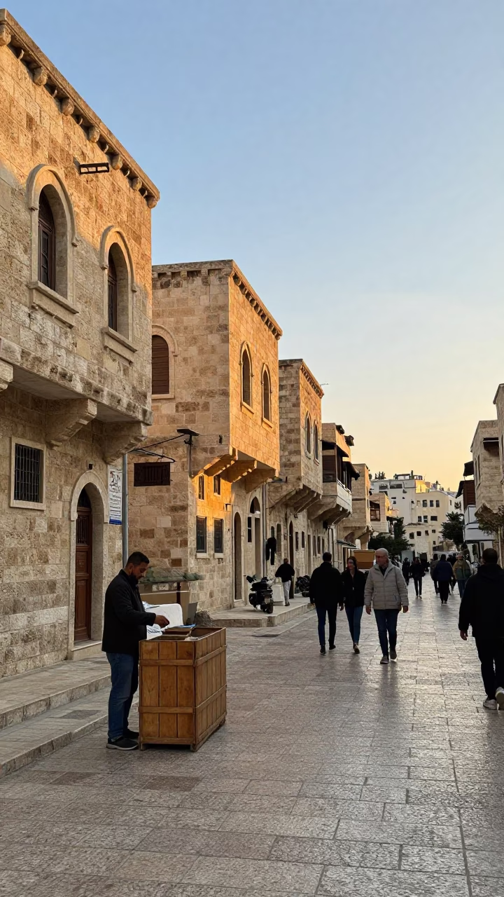 Amman Jordan Street Scene After Sunrise with Stone Buildings and Local Commerce in in Amman, Jordan
