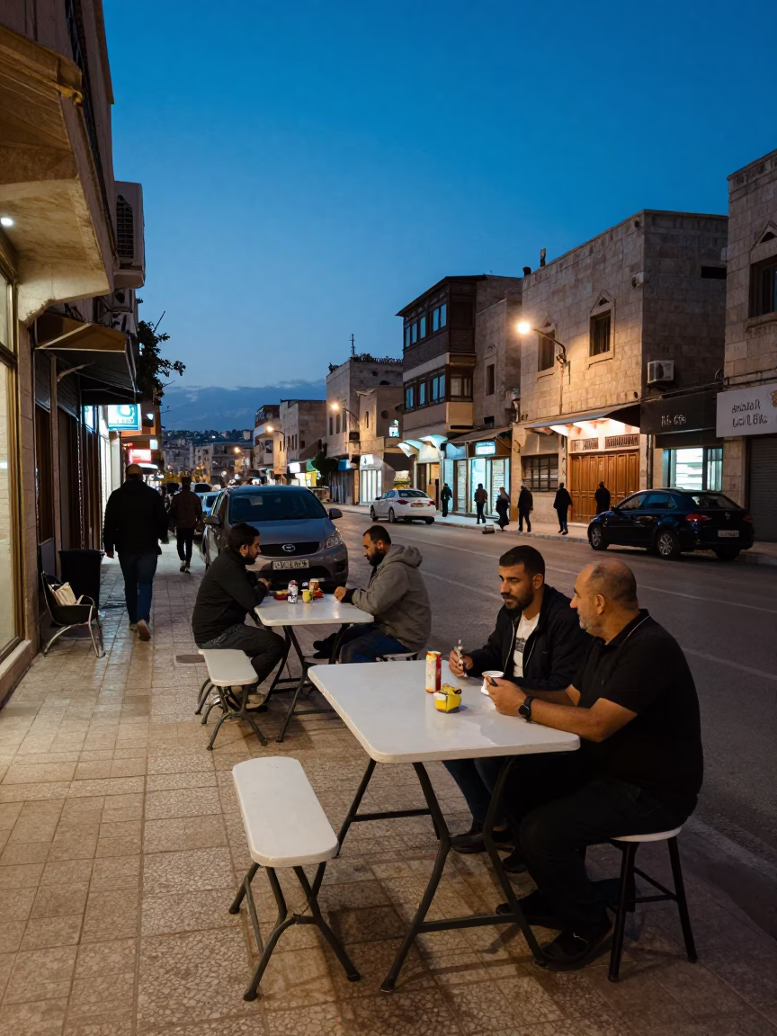 Amman Jordan Street Scene at Blue Hour with Folding Tables and Local Dining in in Amman, Jordan