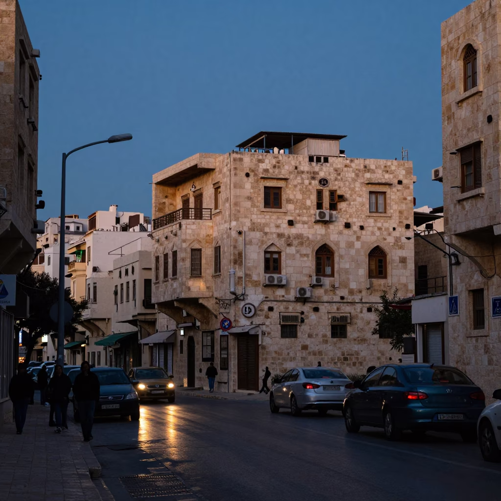Amman Jordan street scene at blue hour with limestone buildings and local traffic in in Amman, Jordan