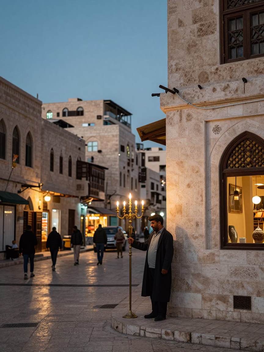 Amman Jordan street scene at dusk with candelabra and traditional architecture in in Amman, Jordan